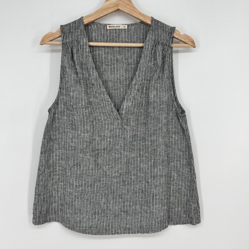 Marine Layer Tory Linen Blend Tank Top Womens XS Gray Stripe V-Neck Sleeveless